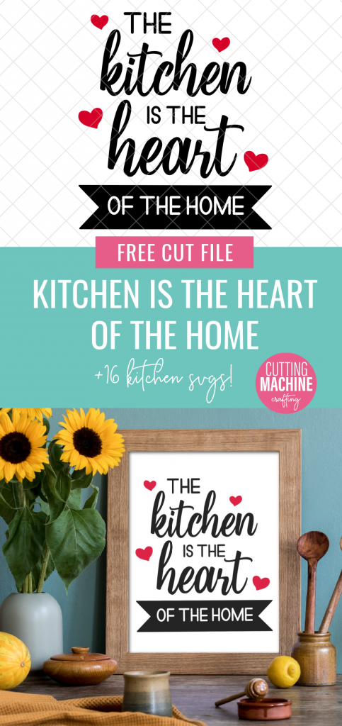 Make a gorgeous sign for your kitchen using your Cricut or Silhouette with this Kitchen Is The Heart Of The Home SVG file! We're also sharing 16 free kitchen cut files! Use them for making housewarming gifts and crafts for the kitchen. The possibilities are endless from DIY kitchen signs, to mixer decals, to handmade mugs, aprons and more!