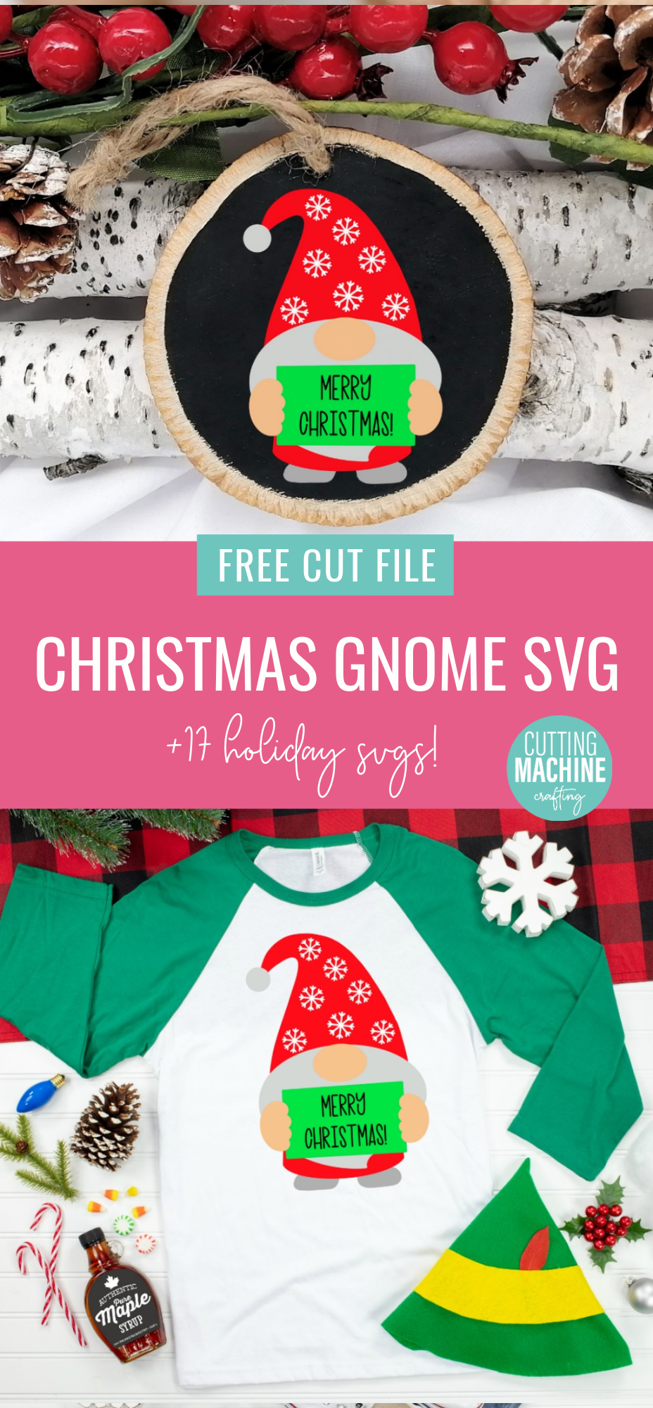 Download a free Christmas Gnome SVG File along with 17 free Christmas Ornament Cut Files! Use for Christmas crafting with your Cricut Maker, Cricut Explore Air, Cricut Joy or Silhouette Cameo to make handmade gifts for Christmas or DIY Ornaments to trim your Christmas tree! #ChristmasCrafting #ChristmasOrnaments #DIYOrnaments #DIYChristmas #ChristmasGnome #Gnome #SVGFiles #CutFilles #FreeSVG #CricutChristmas #CricutMade #CricutCreated