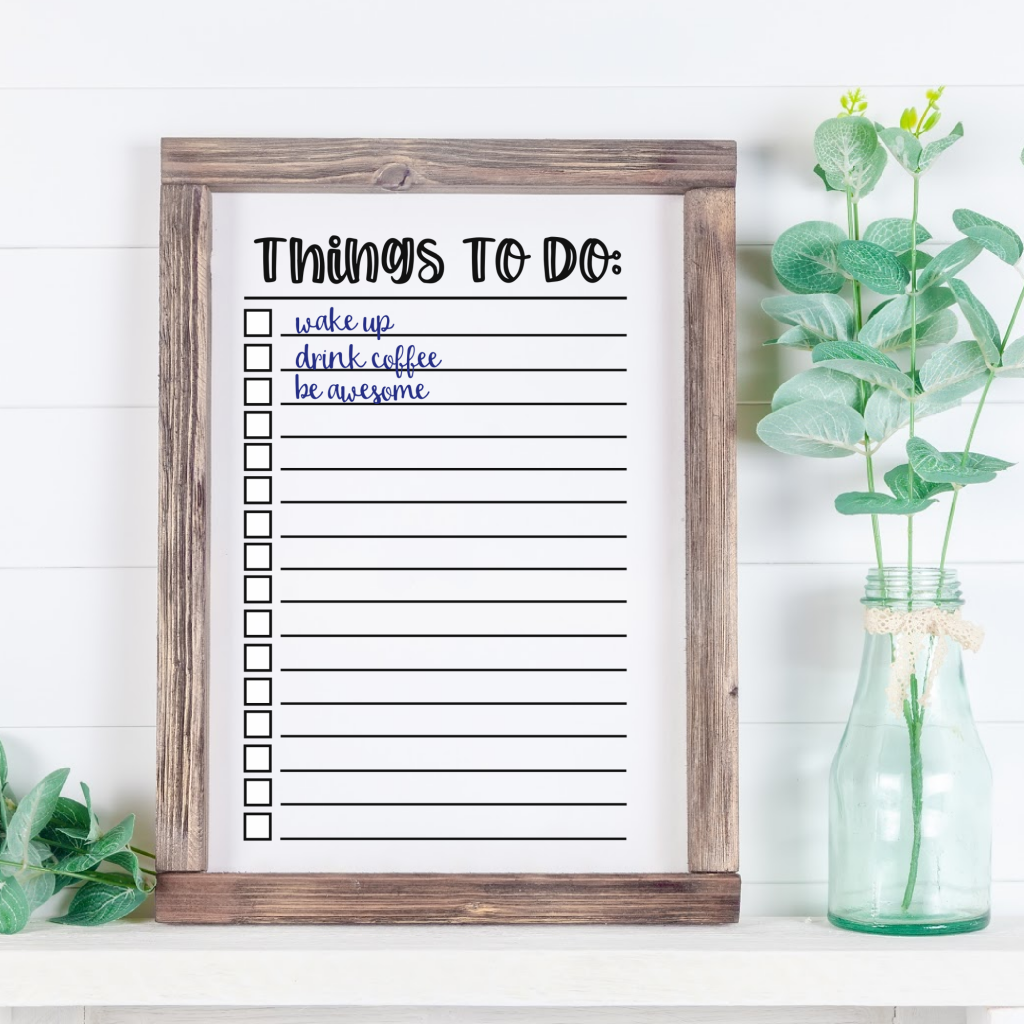 Get organized by making a DIY Dry Erase To Do List with our free To Do List SVG File! Includes 12 awesome organization cut files from some of your favorite craft bloggers that you can use with your Cricut or Silhouette! Perfect for organizing your home and your life! #Cricut #Silhouette #CuttingMachineCrafting #Organization #homeorganization #organizing #DryEraseBoard #DIY #Craft