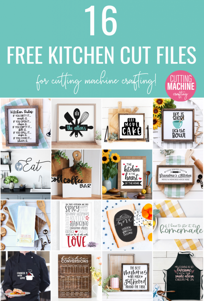 Make a gorgeous sign for your kitchen using your Cricut or Silhouette with this Kitchen Is The Heart Of The Home SVG file! We're also sharing 16 free kitchen cut files! Use them for making housewarming gifts and crafts for the kitchen. The possibilities are endless from DIY kitchen signs, to mixer decals, to handmade mugs, aprons and more!
