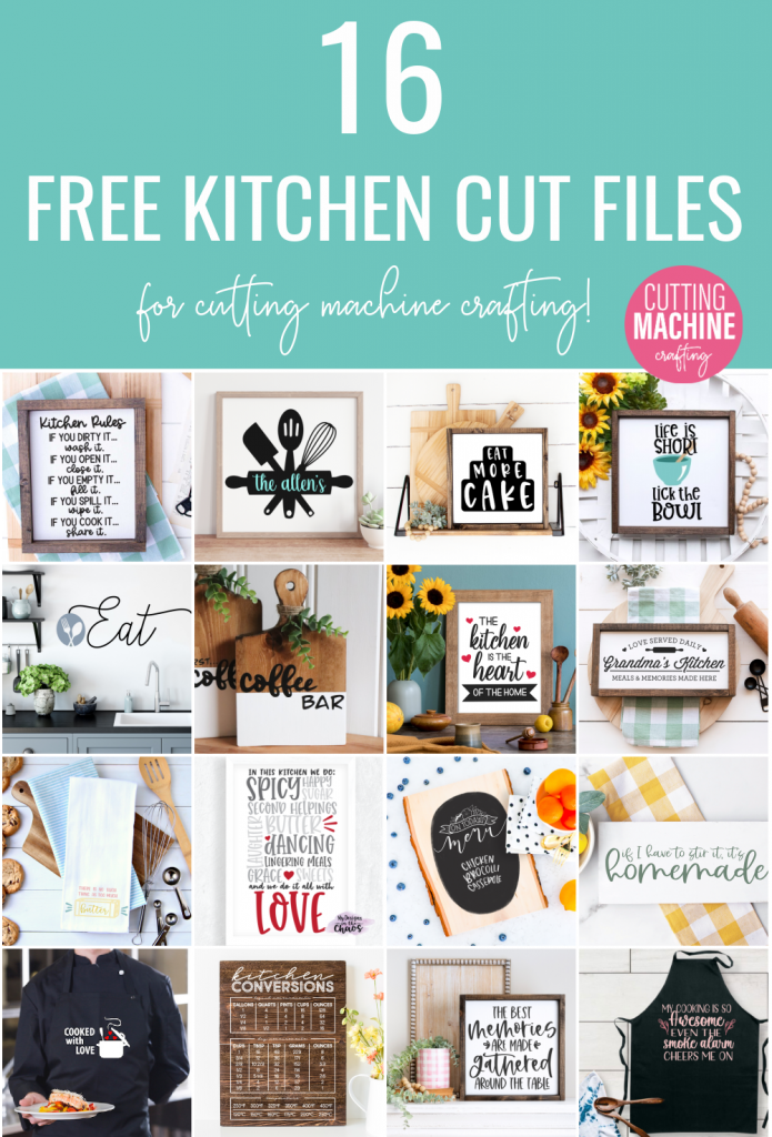 Make a gorgeous sign for your kitchen using your Cricut or Silhouette with this Kitchen Is The Heart Of The Home SVG file! We're also sharing 16 free kitchen cut files! Use them for making housewarming gifts and crafts for the kitchen. The possibilities are endless from DIY kitchen signs, to mixer decals, to handmade mugs, aprons and more! 