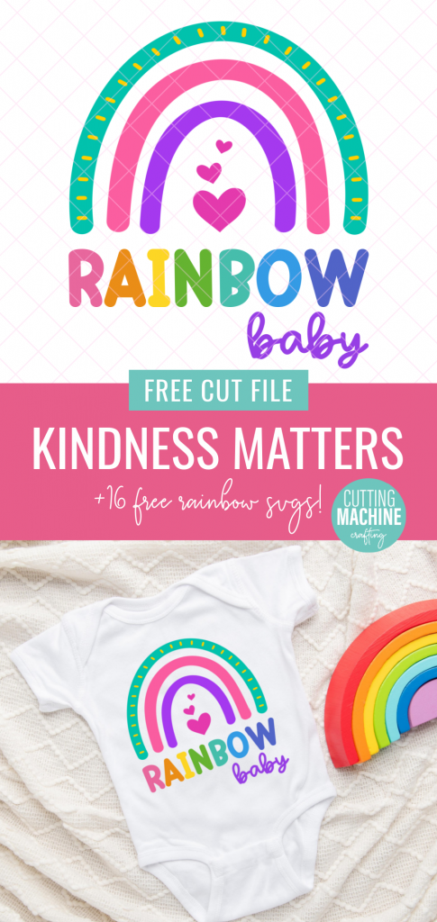 Celebrate pregnancy and childbirth after a loss with this beautiful Rainbow Baby SVG. Perfect for making DIY onesies with your Cricut or SIlhouette. Includes links to 16 free rainbow cut files. #rainbowbaby #miscarriage #infantloss #cricut #Silhouette #CricutMade #CricutCreated #DIY #CuttingMachineCrafting #onesie #DIYOnesie