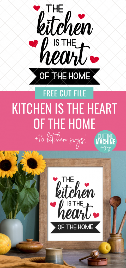 Make a gorgeous sign for your kitchen using your Cricut or Silhouette with this Kitchen Is The Heart Of The Home SVG file! We're also sharing 16 free kitchen cut files! Use them for making housewarming gifts and crafts for the kitchen. The possibilities are endless from DIY kitchen signs, to mixer decals, to handmade mugs, aprons and more! 