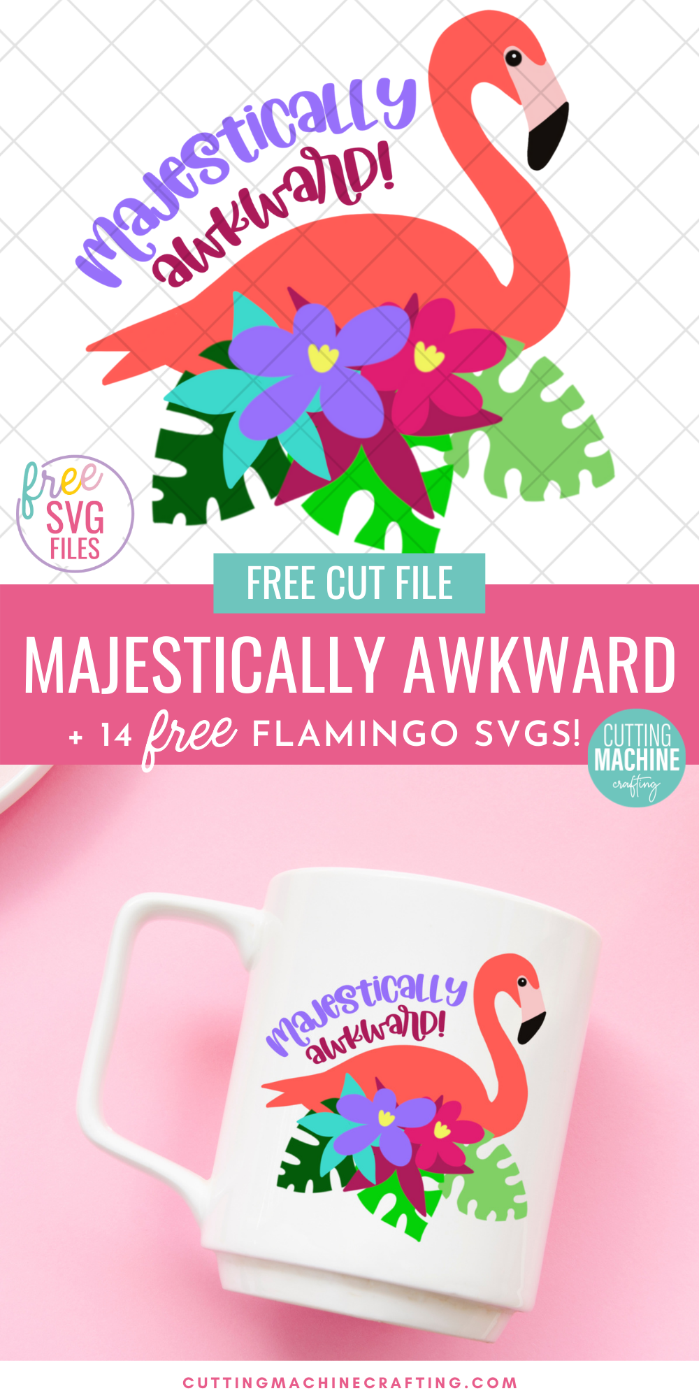 Make flamingo stickers, shirts, beach bags mugs and more with 14 free flamingo cut files! The majestically awkward SVG is so cute! Perfect for summer crafting with your Cricut, Silhouette or other electronic cutting machine! So fun for DIY party favors for tropical themed parties!