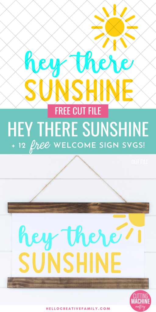 Spread a bit of crafty happiness with this free Hey There Sunshine Cut File! So cute for DIY signs and beach totes! Download all 11 free welcome sign svgs for crafting with your Cricut Maker, Cricut Explore Air 2, Cricut Joy or other cutting machine! Make great handmade housewarming gifts!