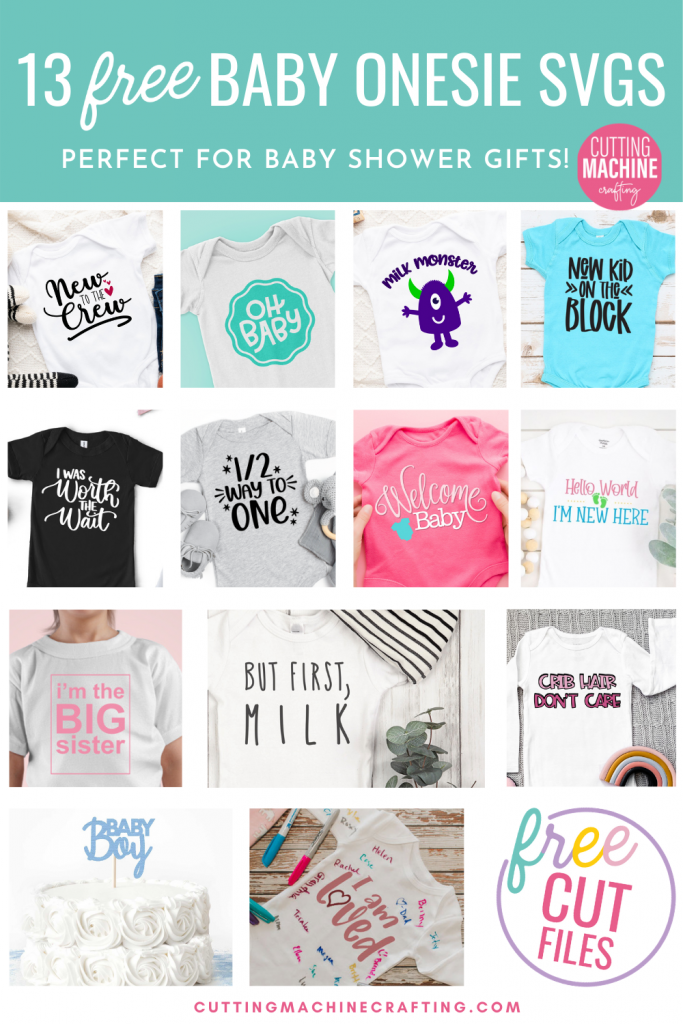 Make a ton of adorable DIY baby onesies for baby showers and newborn gifts using these 13 free Baby SVGs! These designs are just too cute for words! Use your Cricut Maker, Cricut Explore Air 2, Cricut Joy, Silhouette Cameo or other electronic cutting machine to craft DIY baby gifts! Includes a New To The Crew SVG that's perfect for family photos with a newborn!