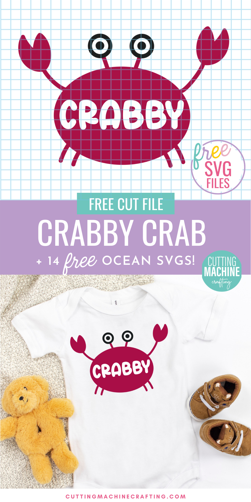 Get in the summer spirit with 14 free ocean SVGs from some of your favorite craft bloggers! Make shirts, tank tops, onesies, beach bags and more using your Cricut Maker, Cricut Explore Air 2, Cricut Joy or other electronic cutting machine. Includes an adorable Crabby Crab Cut File that looks so cute on DIY baby clothing!