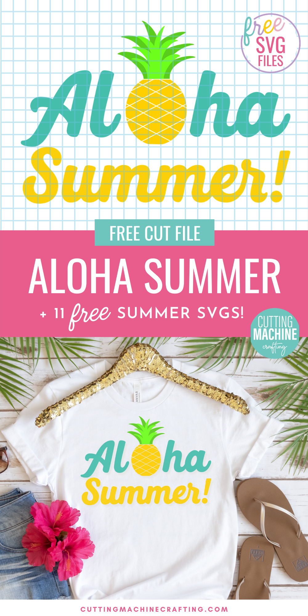 Get in the Aloha spirit with this summery Aloha SVG file along with 11 summer cut files from some of your favorite craft bloggers! The Aloha Summer Cut File includes a pretty geometric pineapple! Make shirts, tank tops, onesies, beach bags and more using your Cricut Maker, Cricut Explore Air 2, Cricut Joy or other electronic cutting machine.