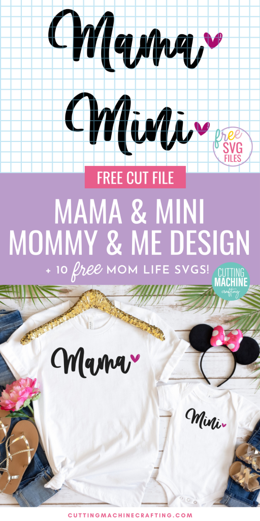 Make adorable DIY Mama and Mini shirts using these free Mommy and Me SVG Files. Perfect for new moms, Mother's Day, baby showers and more! Make onesies, tshirts, sweatshirts or hoodies for Mom and her little one using your Cricut Maker, Cricut Explore Air 2, Cricut Joy or other electronic cutting machine. Also includes links to 10 Mom Life Cut Files!